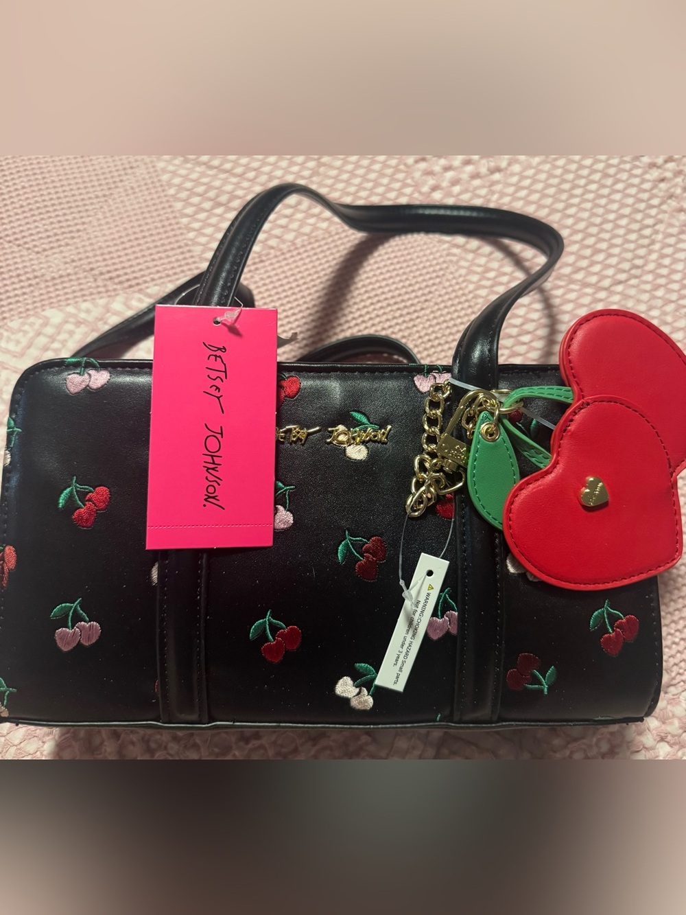 NWT Betsey Johnson Xomack Shoulder Bag Embroidered Cherry / Charm Black Purse